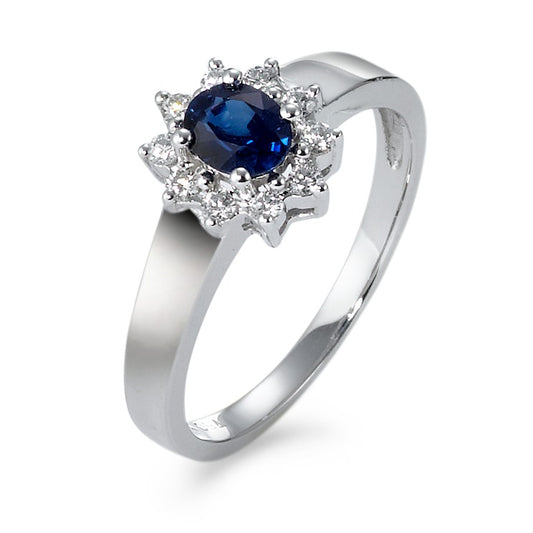 Fingerring 750/18 K Weissgold Saphir blau, oval, Diamant weiss, 0.14 ct, 10 Steine, w-si
