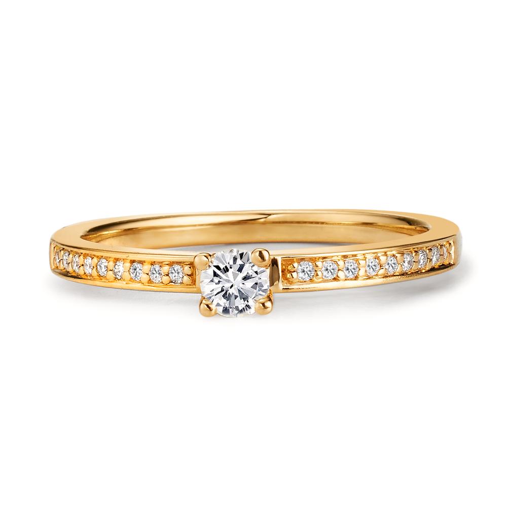 Solitär Ring 750/18 K Gelbgold Diamant weiss, 0.20 ct, 19 Steine, Brillantschliff, w-si Ø3 mm